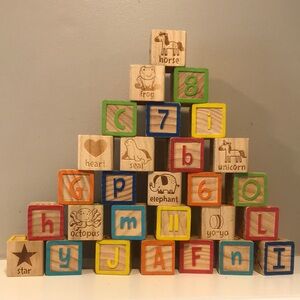 Vintage 1-3/4" Wooden Alphabet/Picture/Number Blocks Set of 28